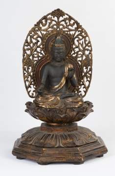 Carved and Gilded Asian Buddha on Lotus Leaf Base