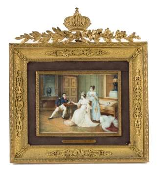 Miniature Watercolor Painting of Napoleon in Fine Gilt Bronze Frame "Josephine Trying on the Crown"