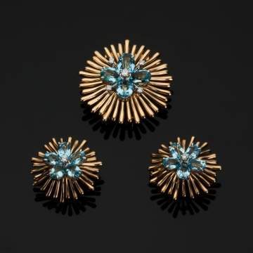 Cartier Aquamarine and Diamond 14K Gold Clip Brooch and Earrings