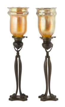 Pair of Tiffany Studios NY Paw Foot Bronze Candle  Lamps