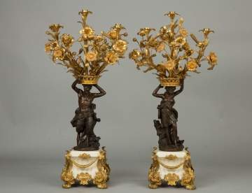 Pair of French Marble, Gilt Bronze and Bronze Figural Candelabra