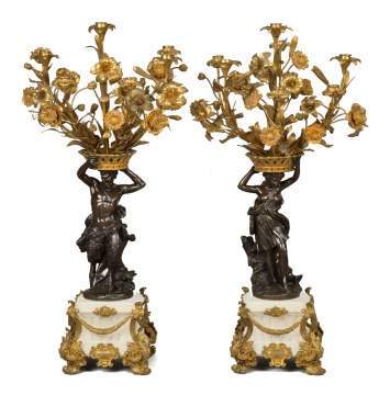 Pair of French Marble, Gilt Bronze and Bronze Figural Candelabra