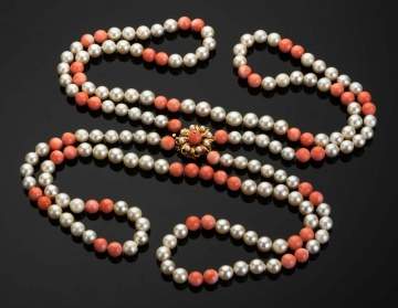 Double Strand Coral and Cultured Pearl Necklace