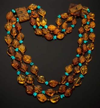 Contemporary Amber and Turquoise Triple Strand Necklace