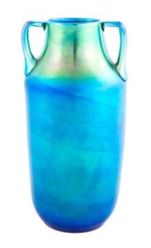 Steuben Blue Aurene Handled Vase
