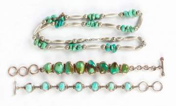Natural Turquoise and 800 Silver Bracelets and Necklace