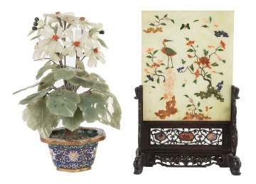 Hard Stone Flower in Cloisonné Pot & Chinese Table Screen