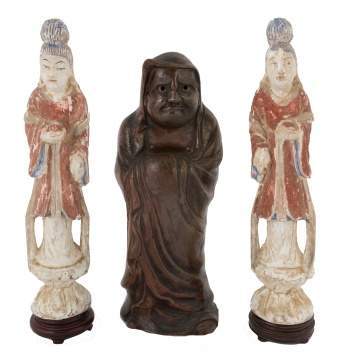 Pair of Carved Chinese Goddess Figures and Japanese Ceramic Figure of Dharma