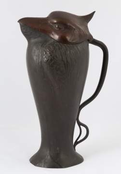 Hammered Bronze and Copper Bird Form Covered  Pitcher