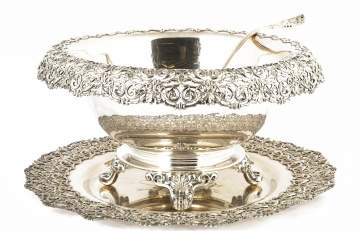 Dominick and Haff Sterling Silver Footed Punch Bowl, Tray and Ladle