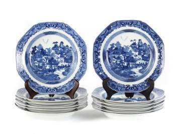Chinese Export Canton Blue and White Porcelain Soup Bowls, Set of 12