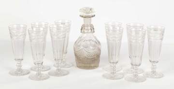 Ten Engraved and Cut Flutes w/Cut Glass Decanter