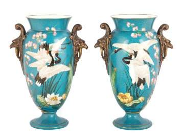 Porcelain Vases with Herons & Bird Handles