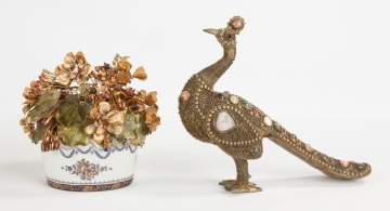 Brass & Hard Stone Peacock with Porcelain and   Metal Bouquet