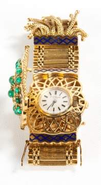 Victorian Revival Enameled 18k Gold & Emerald Fringe Bracelet Watch
