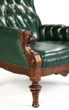Tufted Leather & Carved Walnut Dog Head Armchair