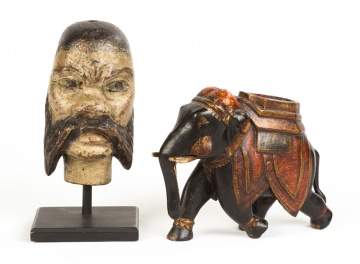 Carved and Painted French Puppet Head on Stand & Indian Elephant
