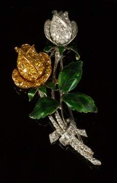Ladies Carved Floral Brooch with Yellow & White Diamonds