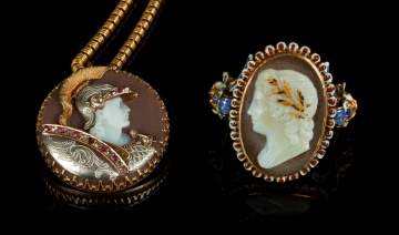 Gold, Jeweled & Enameled Cameo Ring & Necklace