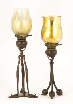 Tiffany Studios, NY Bronze & Favrile Glass Candle  Lamp with Ball Feet