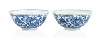 A  Pair of Chinese Blue & White 'Eight Immortals'  Bowls