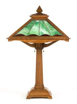 Arts & Crafts Quarter Sawn Oak & Leaded Glass  Table Lamp