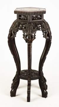 Carved Chinese Hardwood Stand with Roux Marble