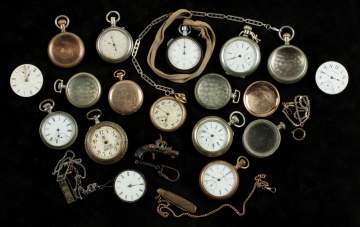Group of Coin Silver and Gold Filled Pocket  Watches, Dials & Cases