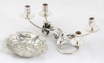 Peruvian Art Nouveau Floral Sterling Silver Candle  Holder & International Sterling Maple Leaf Nut  Dish