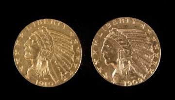 1909 & 1910 Five Dollar Indian Head Gold Coins
