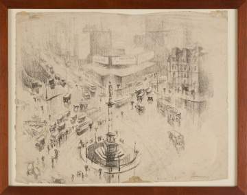 Margaret Lowengrund  (American,  1902–1957) Columbus Circle, NY Charcoal Drawing