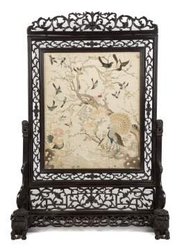 Fine Chinese Carved Hardwood Screen with Silk Embroidery