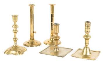 Group of Five Early Brass Candlesticks