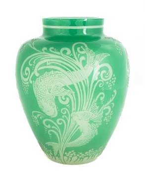 Steuben Green Jade to Alabaster Acid Cut-Back Vase