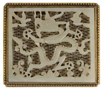 Chinese Carved & Reticulated Jade Plaque with Dragon