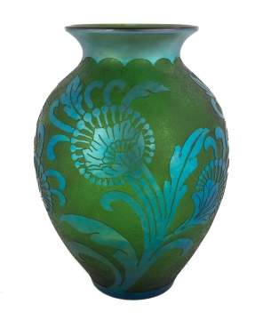 Steuben Green Jade Acid Cut-Back with Blue Aurene Vase