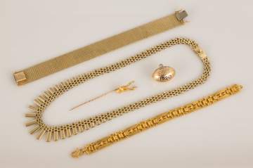 Group of Gold Bracelets, Necklace and Accessories