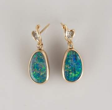 Pair of 14K Gold, Opal and Diamond Drop Earrings
