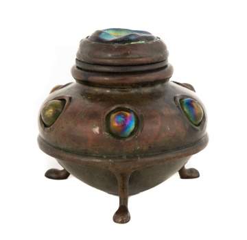 Tiffany Studios, New York, Bronze Inkwell with Turtle Backs and Cabochons