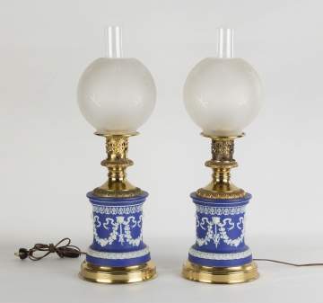 Pair of Wedgewood Oil Lamps with Etched Shades