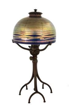 Tiffany Studios, New York, Blue Favrile Lamp with Spider Web Design