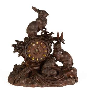 Carved Black Forest Shelf Clock with Rabbits