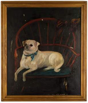 Portrait of Pug Seated in Painted Red Windsor Chair