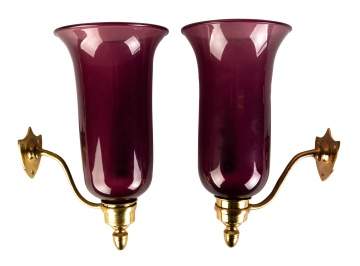 Pair of Blown Glass Amethyst Wall Sconces with Brass Mounts