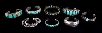 Nine Silver and Turquoise Navajo Bracelets