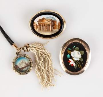 Gold Micro Mosaic and Pietra Dura Pins and Pendant