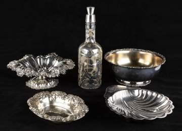 Four Silver Bowls and Silver Overlay Decanter