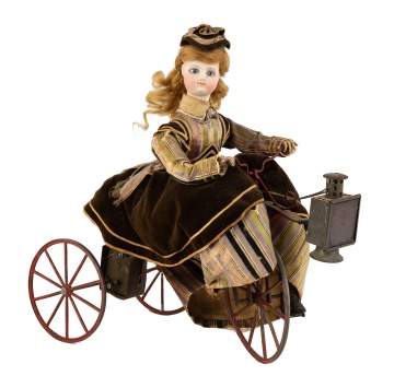 French Clockwork Automaton Tricycle with Bisque Doll