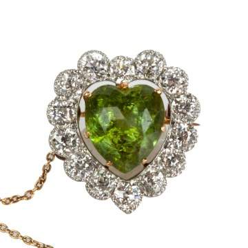 14K Gold & Platinum Heart Shaped Peridot & Diamond Pendant