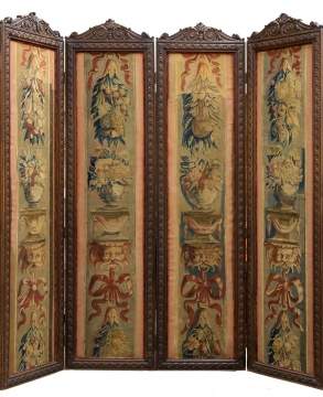Early Continental Carved Wood Screen with Aubusson Panels